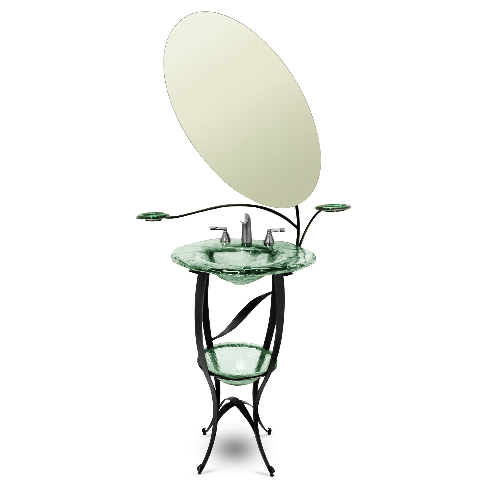 LAS400 The Charlotte Wrought Iron Vanity with Deco Bowl & Mirror - Award-Winning Premium Set VERRE GALLERY by Renaissance Glassworks Inc