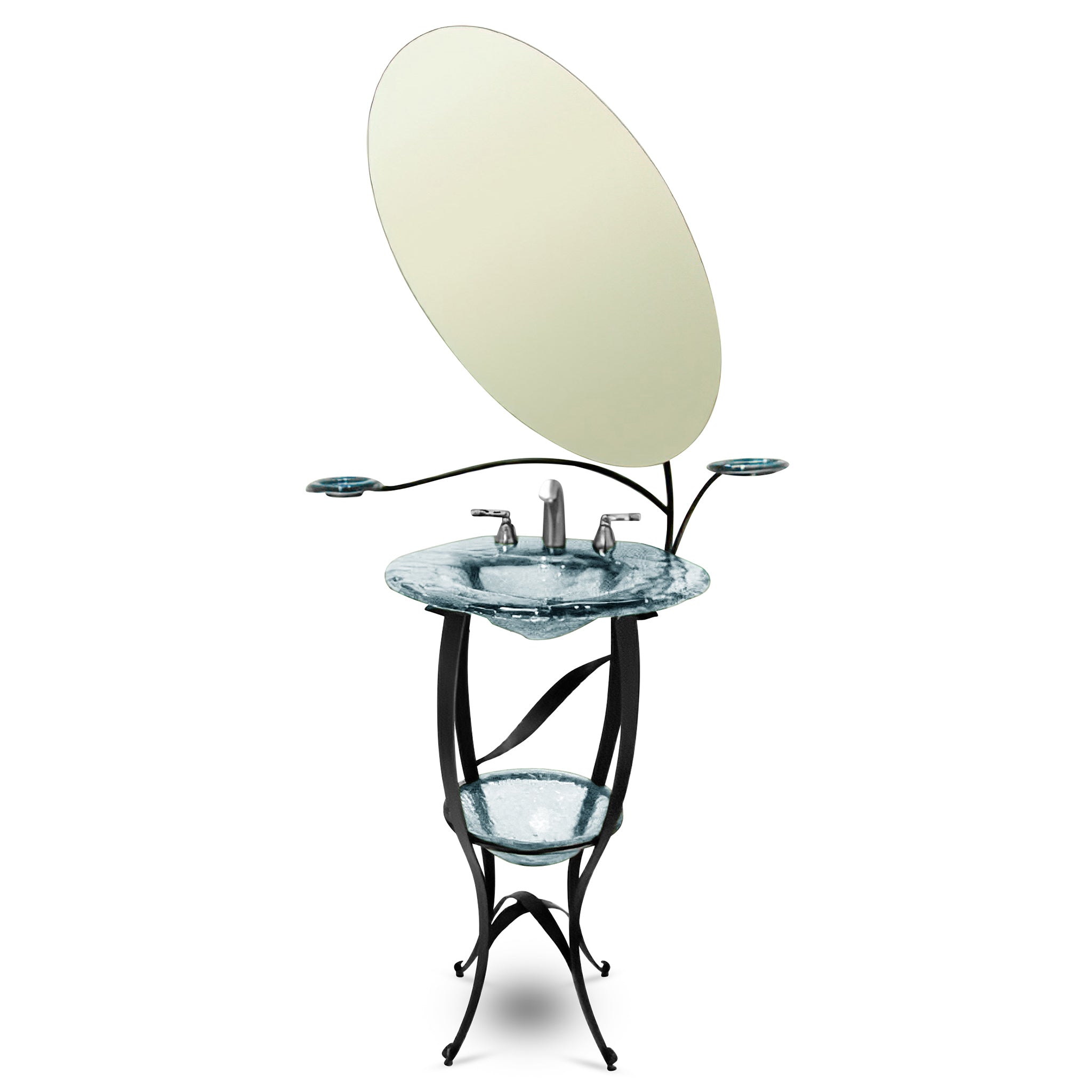 LAS400 The Charlotte Wrought Iron Vanity with Deco Bowl & Mirror - Award-Winning Premium Set VERRE GALLERY by Renaissance Glassworks Inc