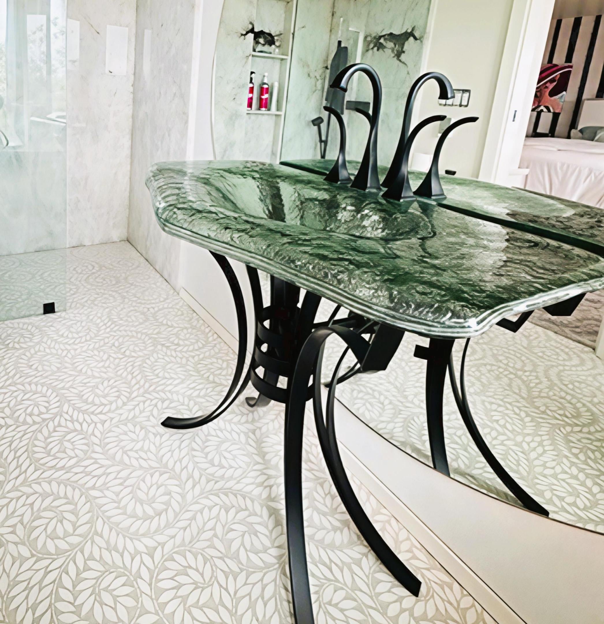 The Isabelle — Glass Monolithic Rectangular Basin on Wrought Iron Stand (LAS600) VERRE GALLERY by Renaissance Glassworks Inc