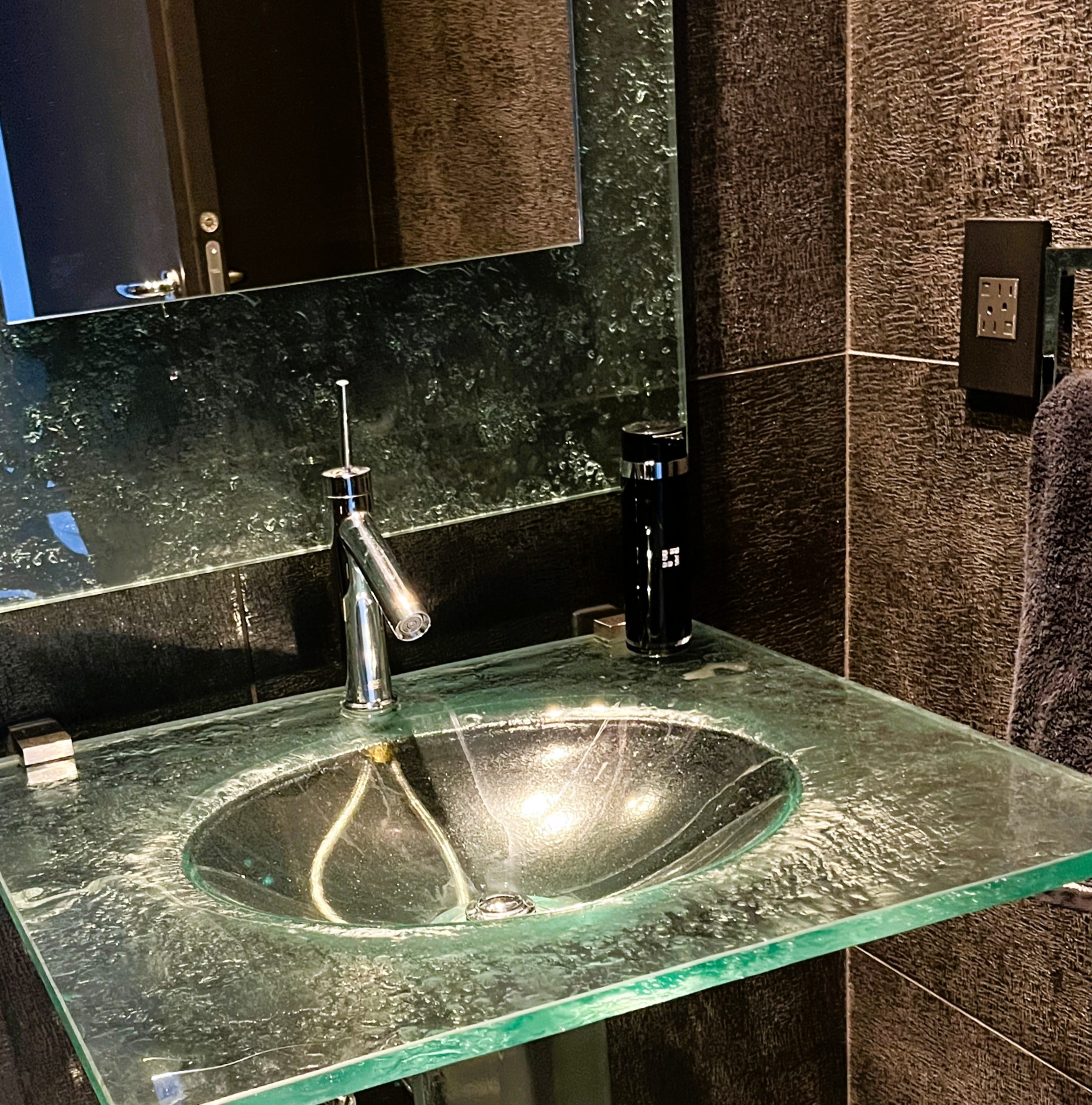 The Célestine — Glass Monolithic Rectangular Countertop with Integral Oval Basin on Cylindrical Pedestal (LAT113) VERRE GALLERY by Renaissance Glassworks Inc