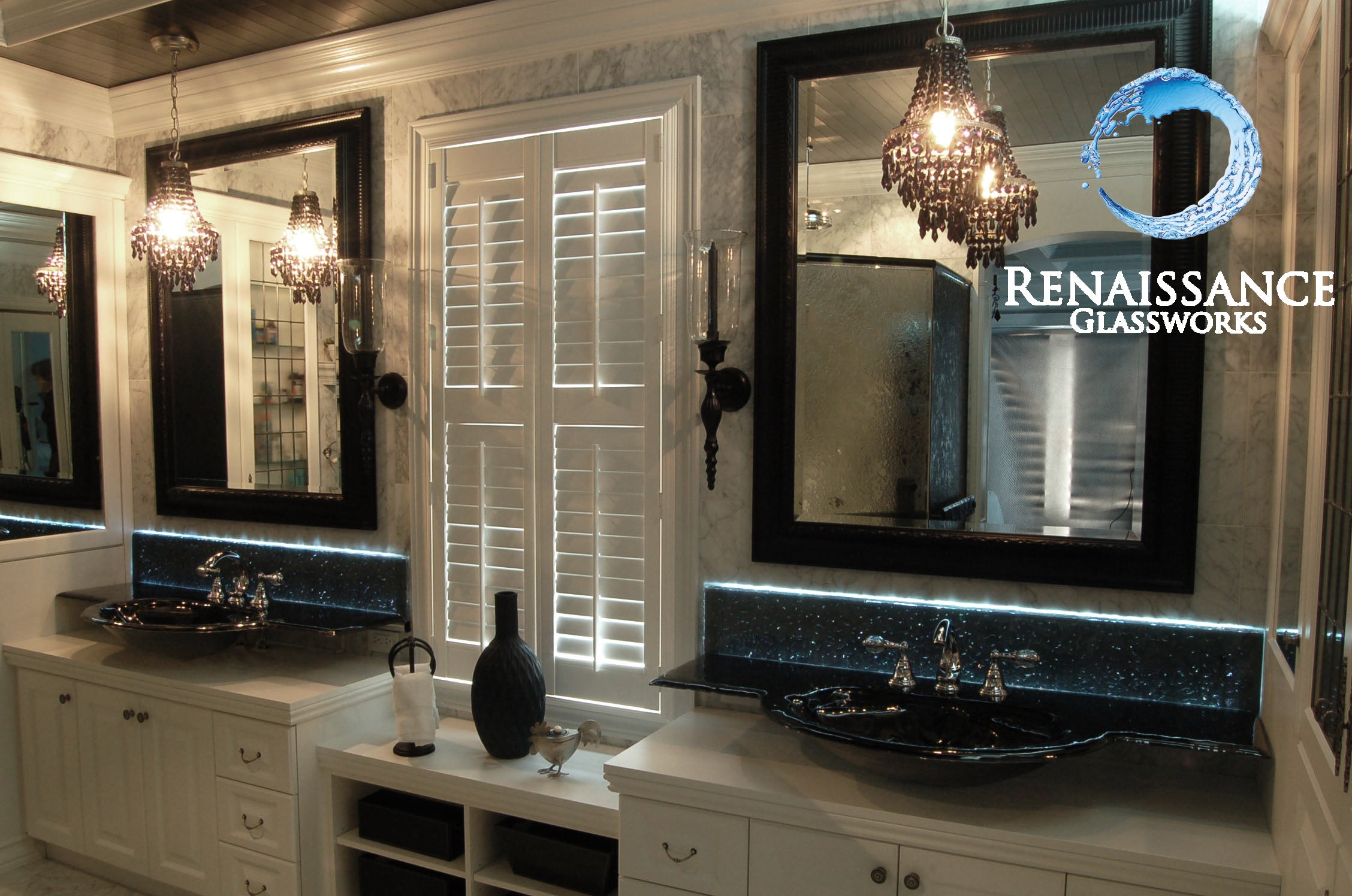 Luxurious bathroom bespoke basin sinks with matching mirrors and back spalshes