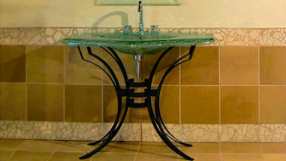 The Isabelle — Glass Monolithic Rectangular Basin on Wrought Iron Stand (LAS600) VERRE GALLERY by Renaissance Glassworks Inc