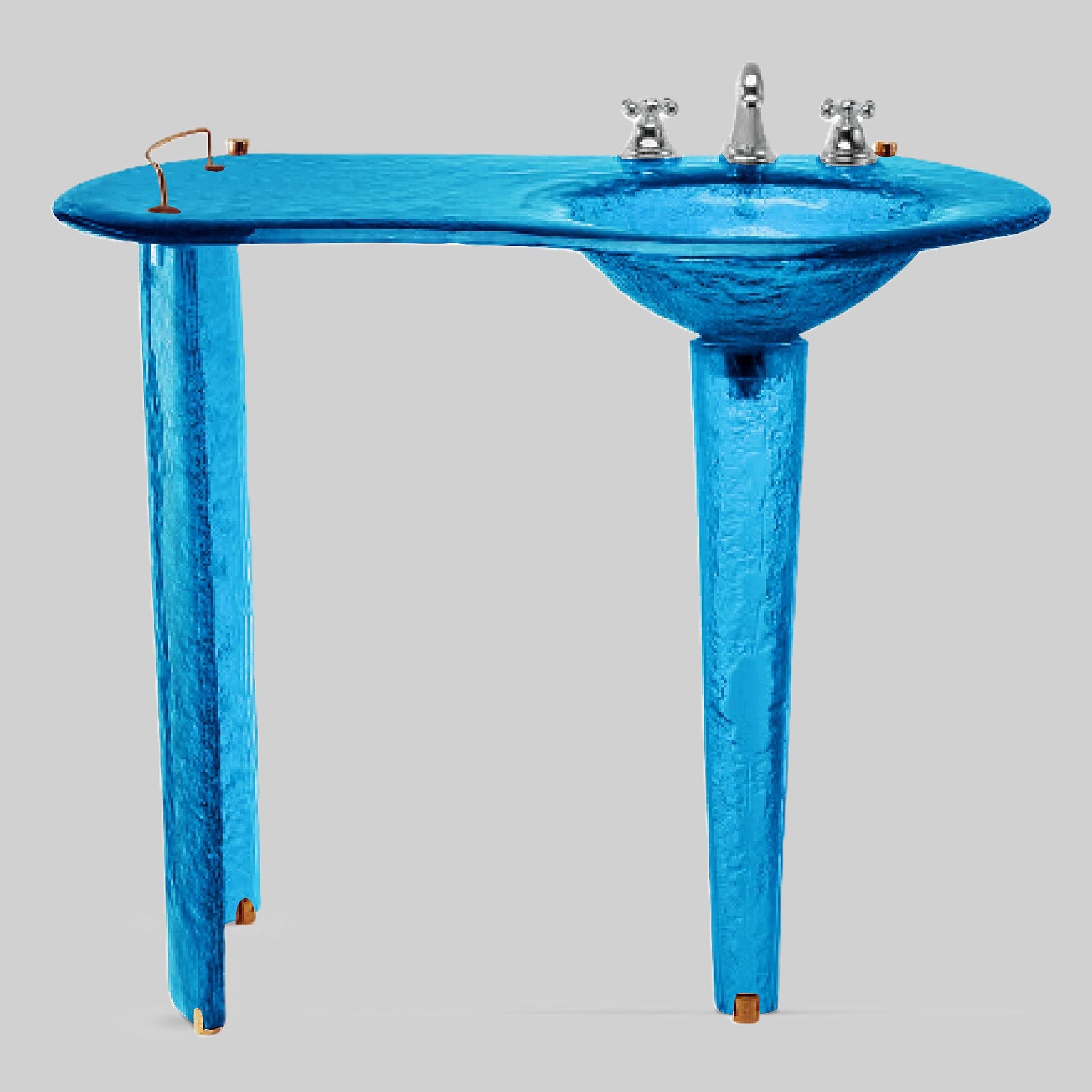 The Joséphine II — Glass Asymmetric Oval Countertop with Integral Round Basin on Twin Tapered Pedestals, Right-Hand Console (LAS501) VERRE GALLERY by Renaissance Glassworks Inc