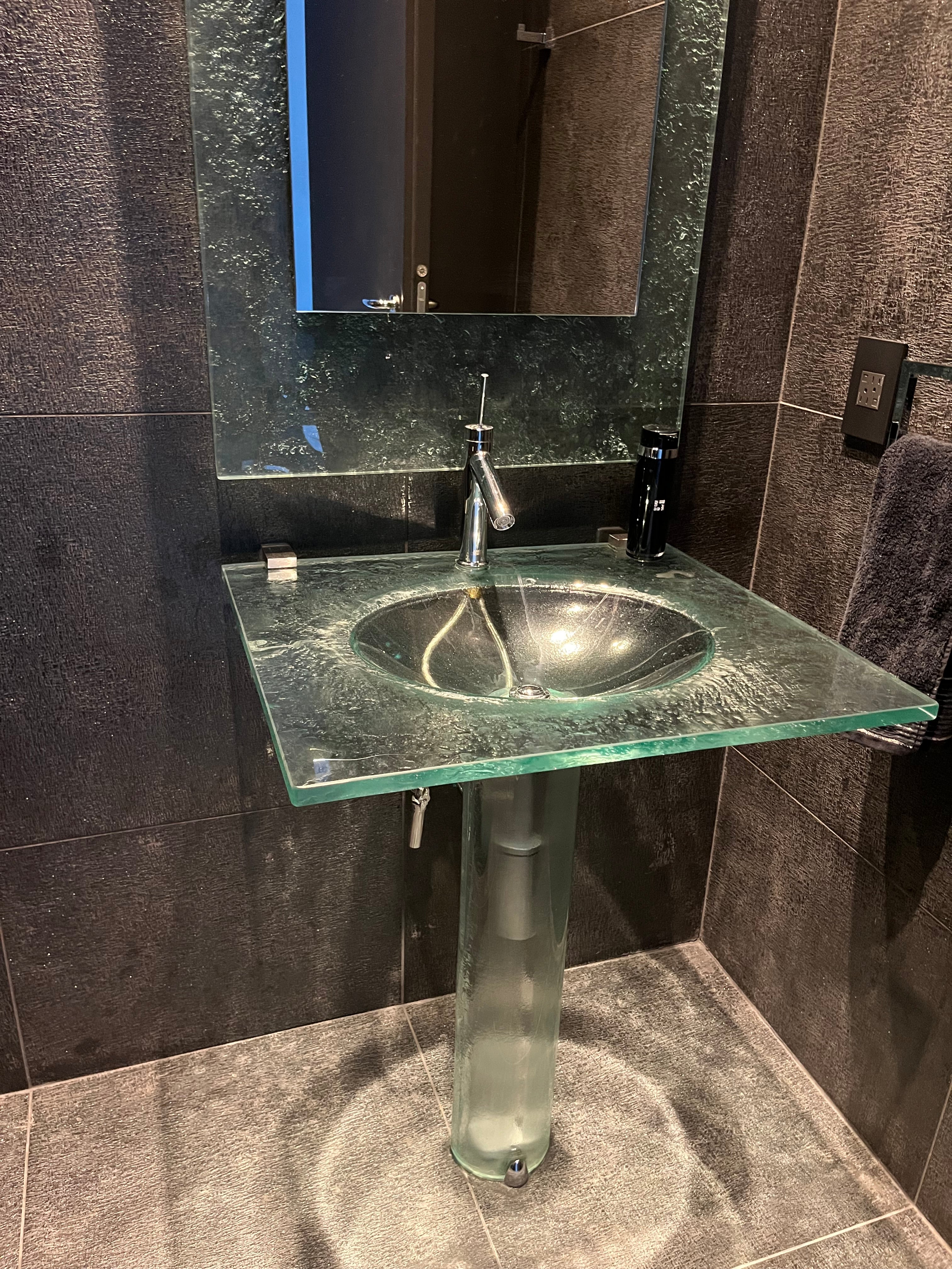 The Célestine — Glass Monolithic Rectangular Countertop with Integral Oval Basin on Cylindrical Pedestal (LAT113) VERRE GALLERY by Renaissance Glassworks Inc