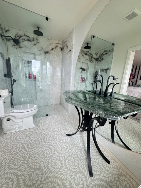 The Isabelle — Glass Monolithic Rectangular Basin on Wrought Iron Stand (LAS600) VERRE GALLERY by Renaissance Glassworks Inc
