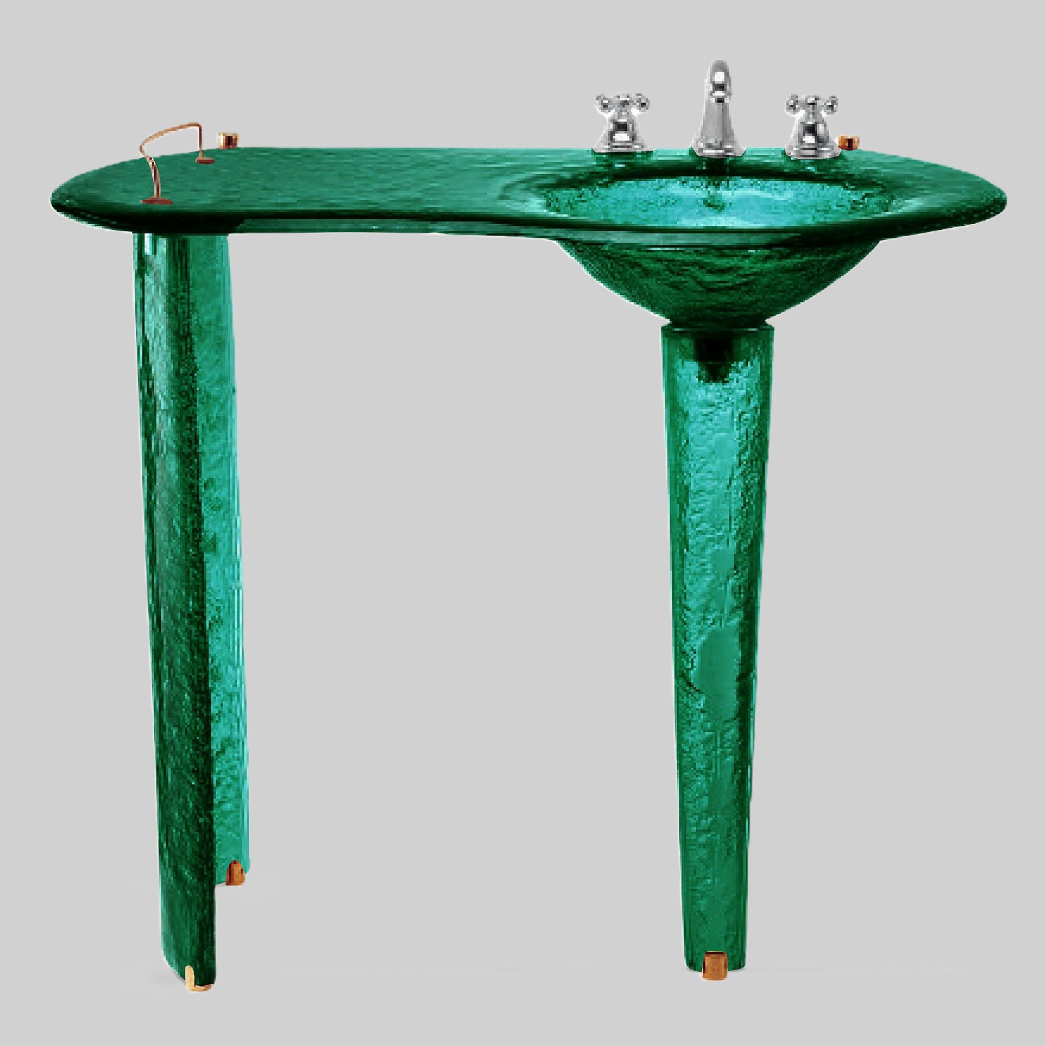 The Joséphine II — Glass Asymmetric Oval Countertop with Integral Round Basin on Twin Tapered Pedestals, Right-Hand Console (LAS501) VERRE GALLERY by Renaissance Glassworks Inc