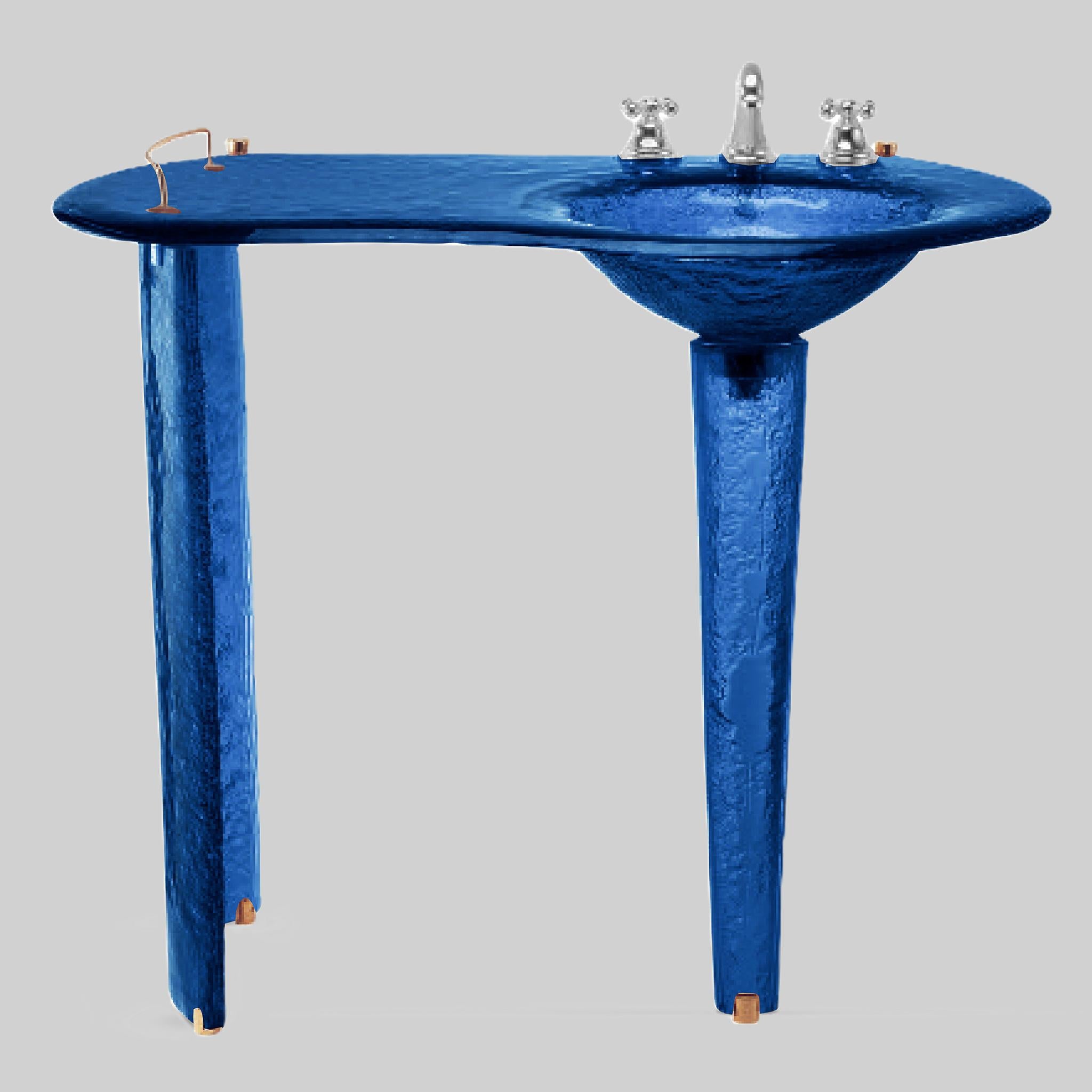 The Joséphine II — Glass Asymmetric Oval Countertop with Integral Round Basin on Twin Tapered Pedestals, Right-Hand Console (LAS501) VERRE GALLERY by Renaissance Glassworks Inc