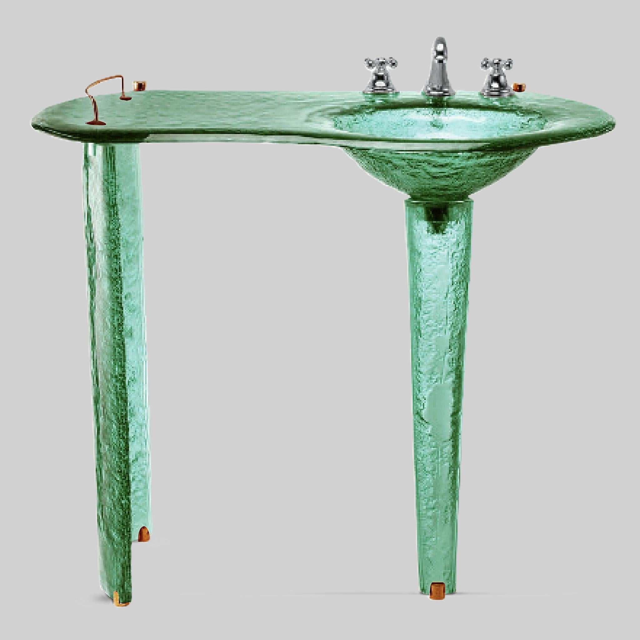 The Joséphine II — Glass Asymmetric Oval Countertop with Integral Round Basin on Twin Tapered Pedestals, Right-Hand Console (LAS501) VERRE GALLERY by Renaissance Glassworks Inc